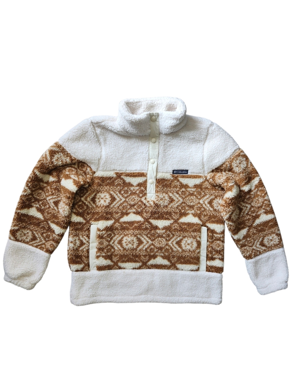 Columbia Sherpa Fleece Pullover Women's Medium Cream Brown Snap Front